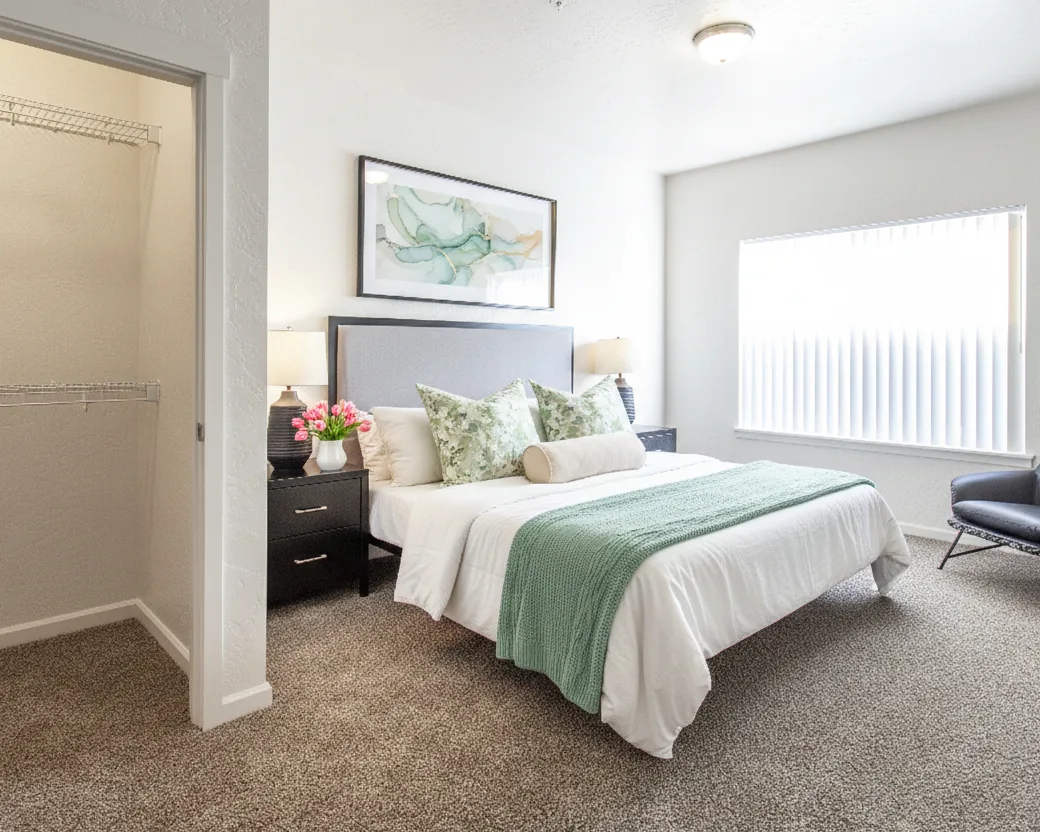 Bright bedroom with a neatly made bed, green throw blanket, floral pillows, two bedside tables, and a closet.